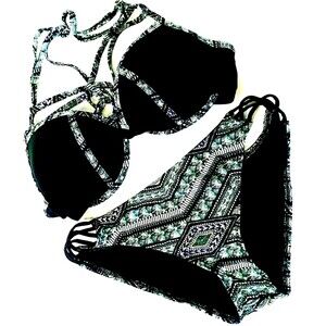 Ambrielle Bikini Swim Suit 2 Pc Womens L Black Turquoise Aztec Southwest Tribal